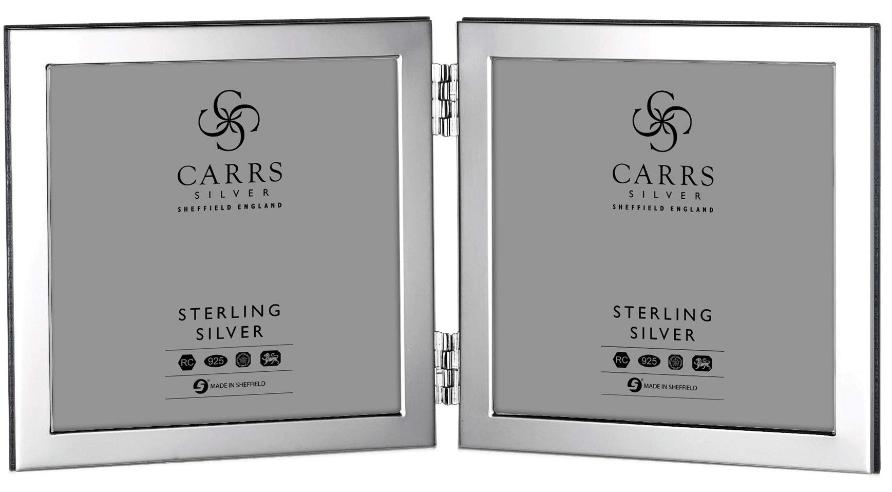 Carrs Modern Flat Plain Sterling Silver Double Photo Frame with Wood Back 4" x 4"