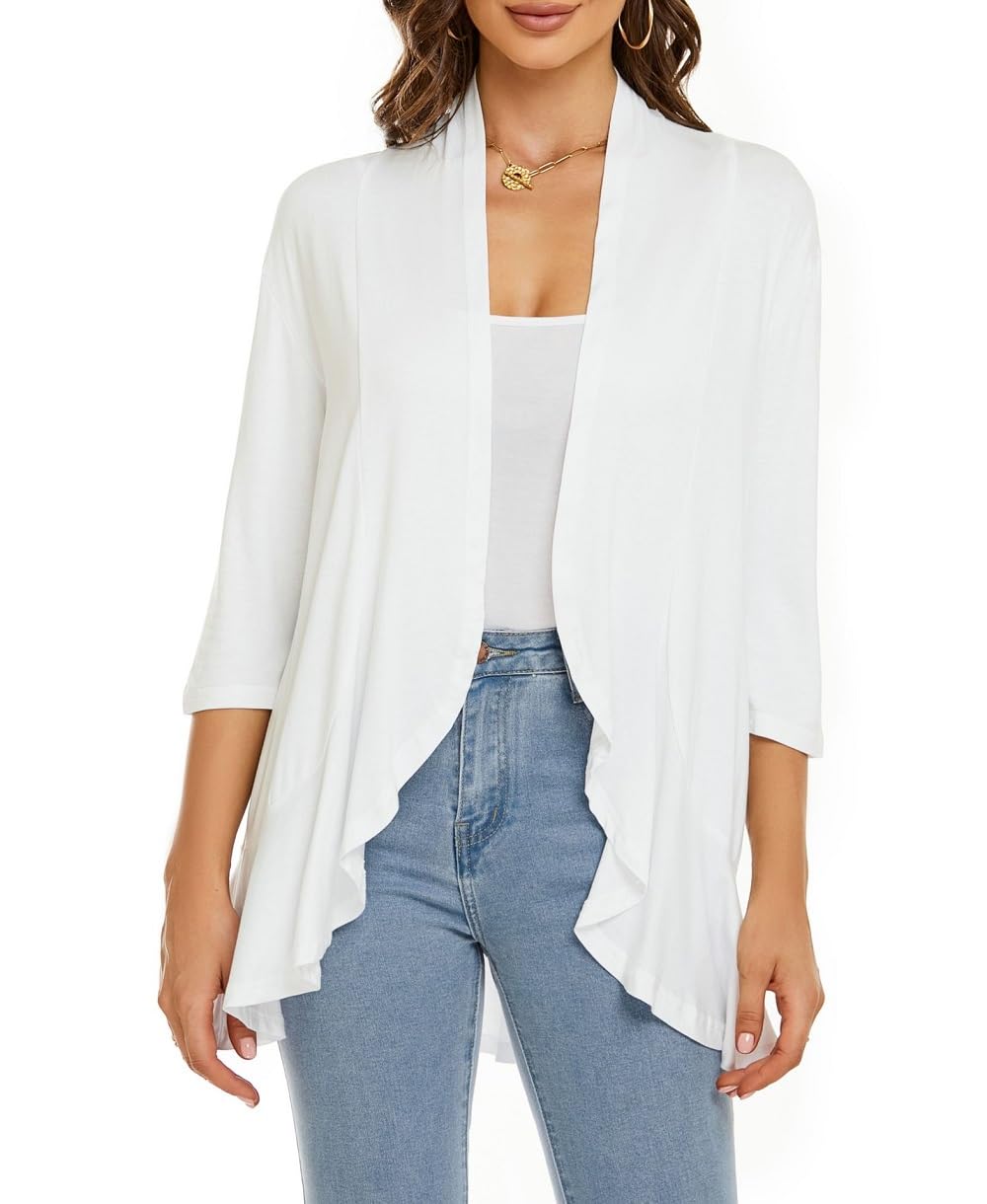 Women's Casual Lightweight Open Front Cardigans Soft Draped Ruffles 3/4 Sleeve Cardigan