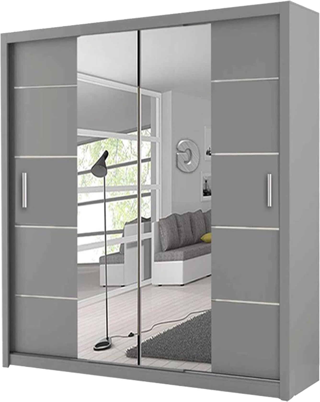 Oslo 150cm Grey Sliding Wardrobe with LED Lighting, Mirrored Doors, Adjustable Shelving, Contemporary Design(Grey, 150)