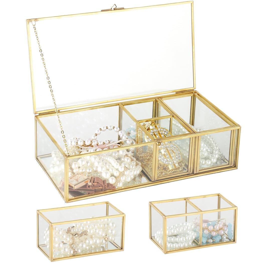 Joyero de cristal, caja de recuerdo vintage dorada con espejo con 2 organizadores de joyas desmontables, caja de exhibición 3 en 1 con tapa transparente, contenedor rectangular de