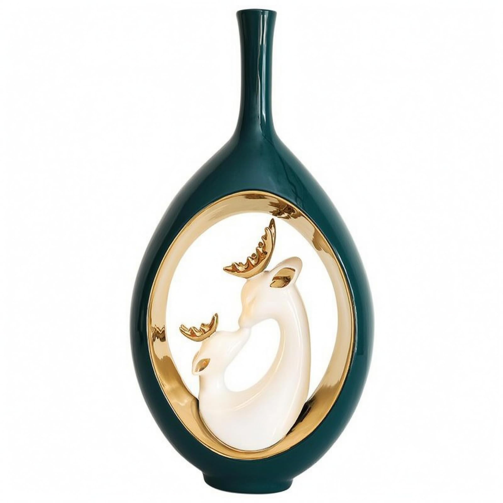 Qianly Jarrón de Cerámica Jarrón Florero Botella Decoración Interior con Ciervo y Ramas Esculpidas Abertura Que Mantiene Flores y Dorado Brillante Adecuado, Verde, Dorado, Jarrón De Ciervo 11029