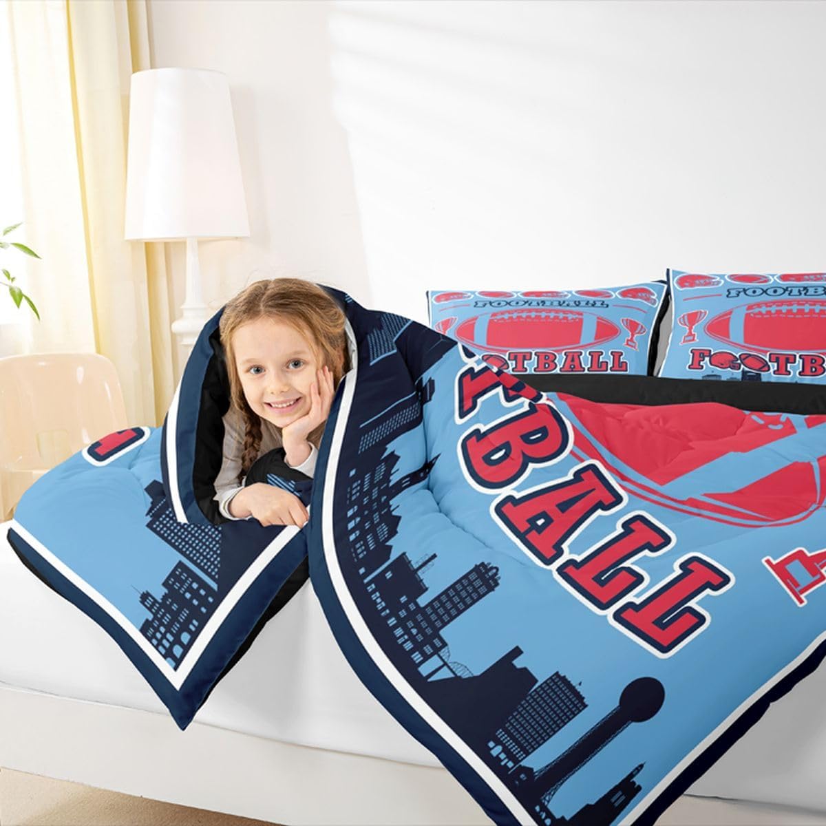 Erosebridal Football Comforter Set Toddler Size,Red Blue Football City Bedding for Sports Fans,Boys Rugby Quilt with 1 Pillow Case Bedroom Decor,Ball Competition Duvet Insert(Red Blue Black)