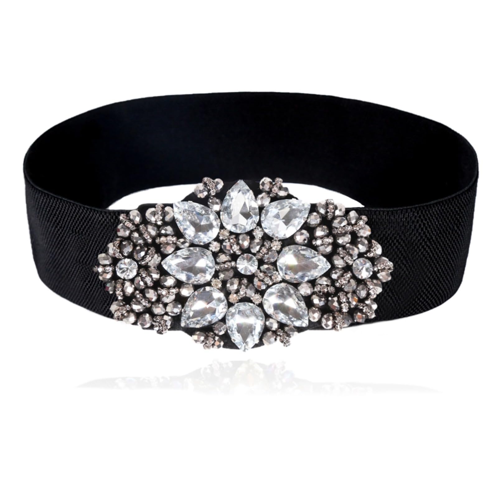 Women's Sparkly Beaded Belt Big Rhinestone Belts Wide Elastic Stretchy Belt for Dressy Gowns