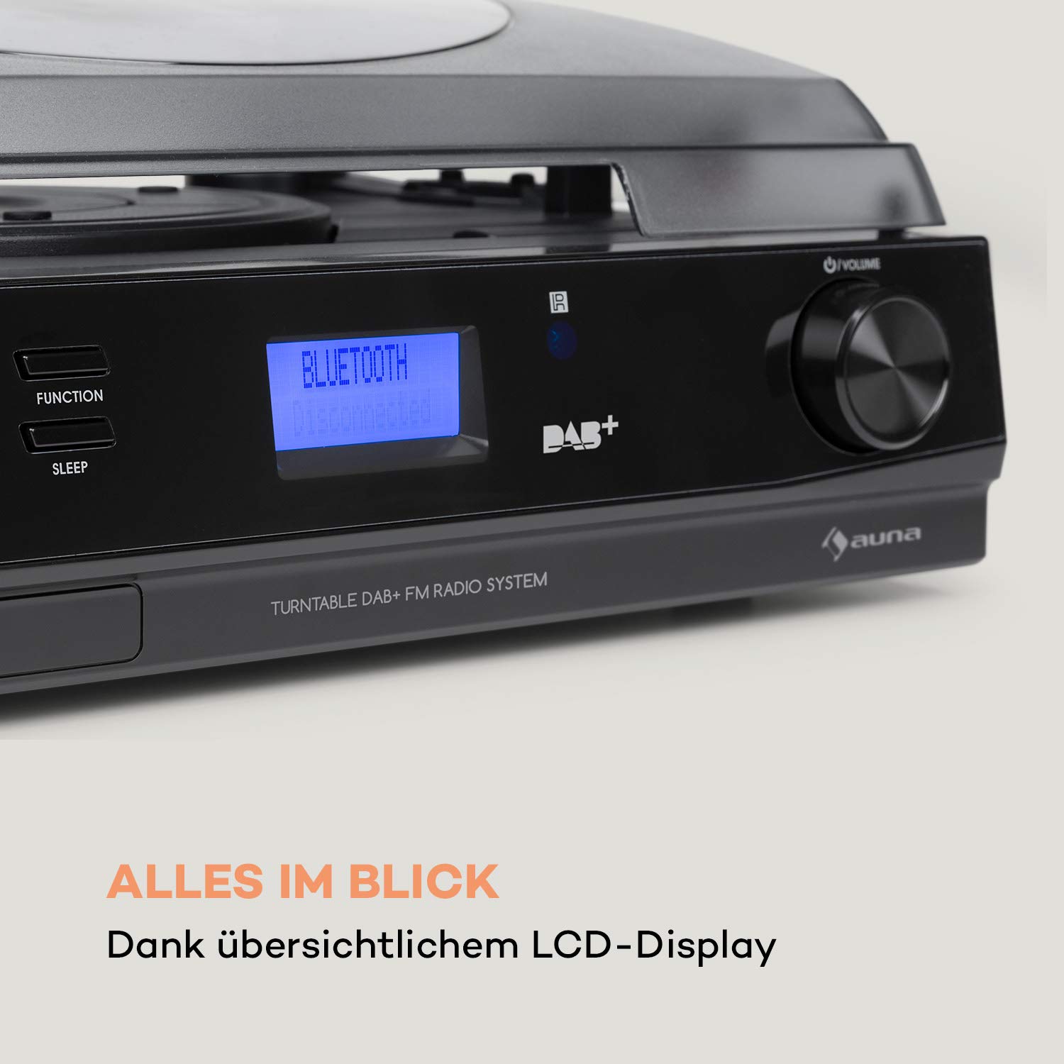 auna TT-186 DAB Plattenspieler - DAB+, FM Radio, Bluetooth-Funktion, Riemenantrieb mit 33, 45 U min, AUX-Eingang, Line-Ausgang, Schlaffunktion, inkl. Kopfhörer-Anschluss
