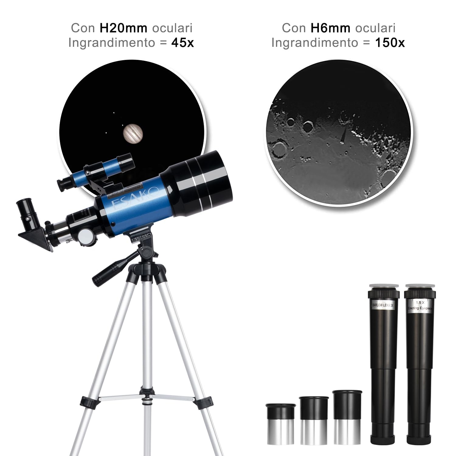 ESAKO Telescopio per Bambini e Principianti, Astronomico Rifrattore da 70 mm con 3 Oculari, Treppiede Regolabile e Adattatore per Telefono