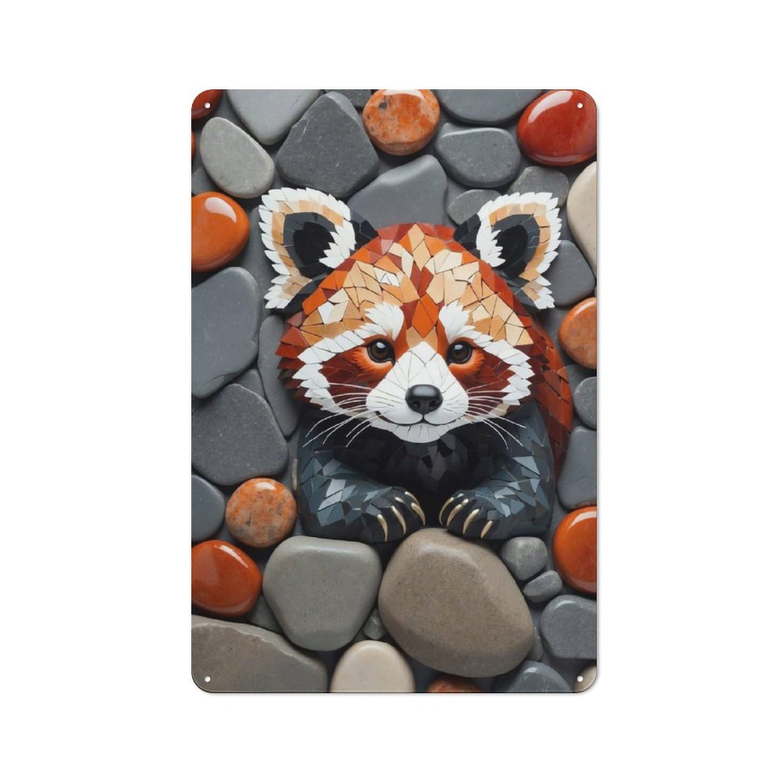Junmoney Style-19 Mosaic Red Panda On Stone Background Metal Wall Sign 30X20cm, Retro Decor For Workshop Wall, For Garage, Workshop And Man Cave Decoration
