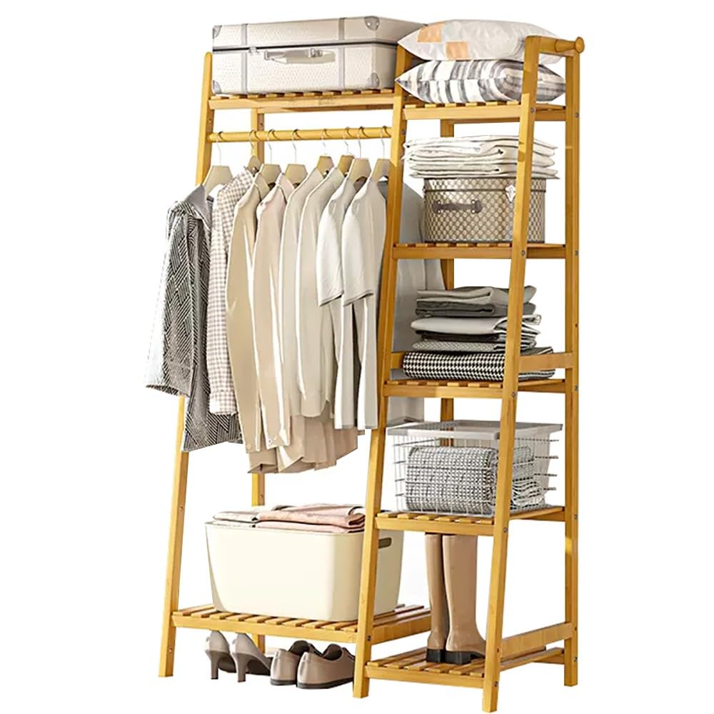 XDLEDMKIZ Bamboo Coat Rack with Top Shelf Hanging Rod and Shoe Rack Freestanding Clothes Rail and Wardrobe Closet for Bedroom and Hallway