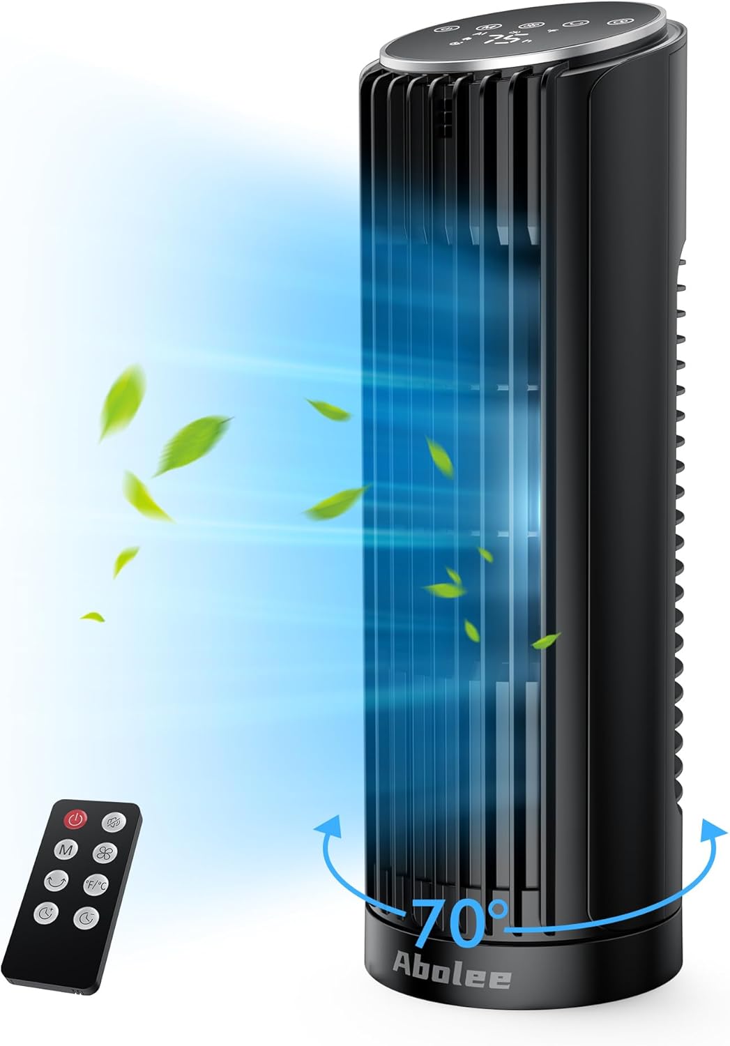Abolee Turmventilator für Schlafzimmer, 23ft/s Schreibtischventilator mit Fernbedienung, 70° oszillierender Schreibtischventilator, 4-Gang, 4 Modi, 12timer, 13'' Bladeless tragbarer Ventilator für Schlafzimmer Bürohaus schwarz