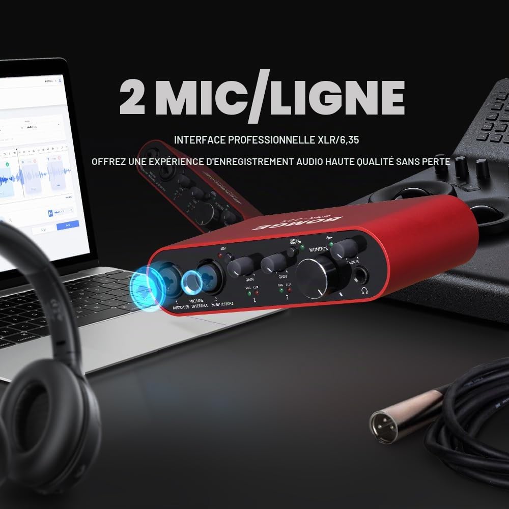 BOMGE Interface audio USB 22S Red avec alimentation fantôme XLR/48 V, haute fidélité, 32 bits/192 kHz, pour mixeur audio de studio, pour guitariste, vocalist, podcaster, producteur, Plug and Play