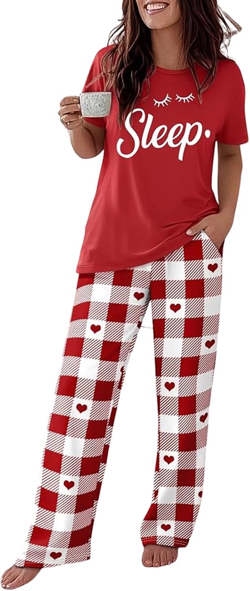 CHICME Womens Pajamas Sets 2 Piece Short Sleeve Lounge Set Printed Loose Pants Pj Sets Loungewear Set