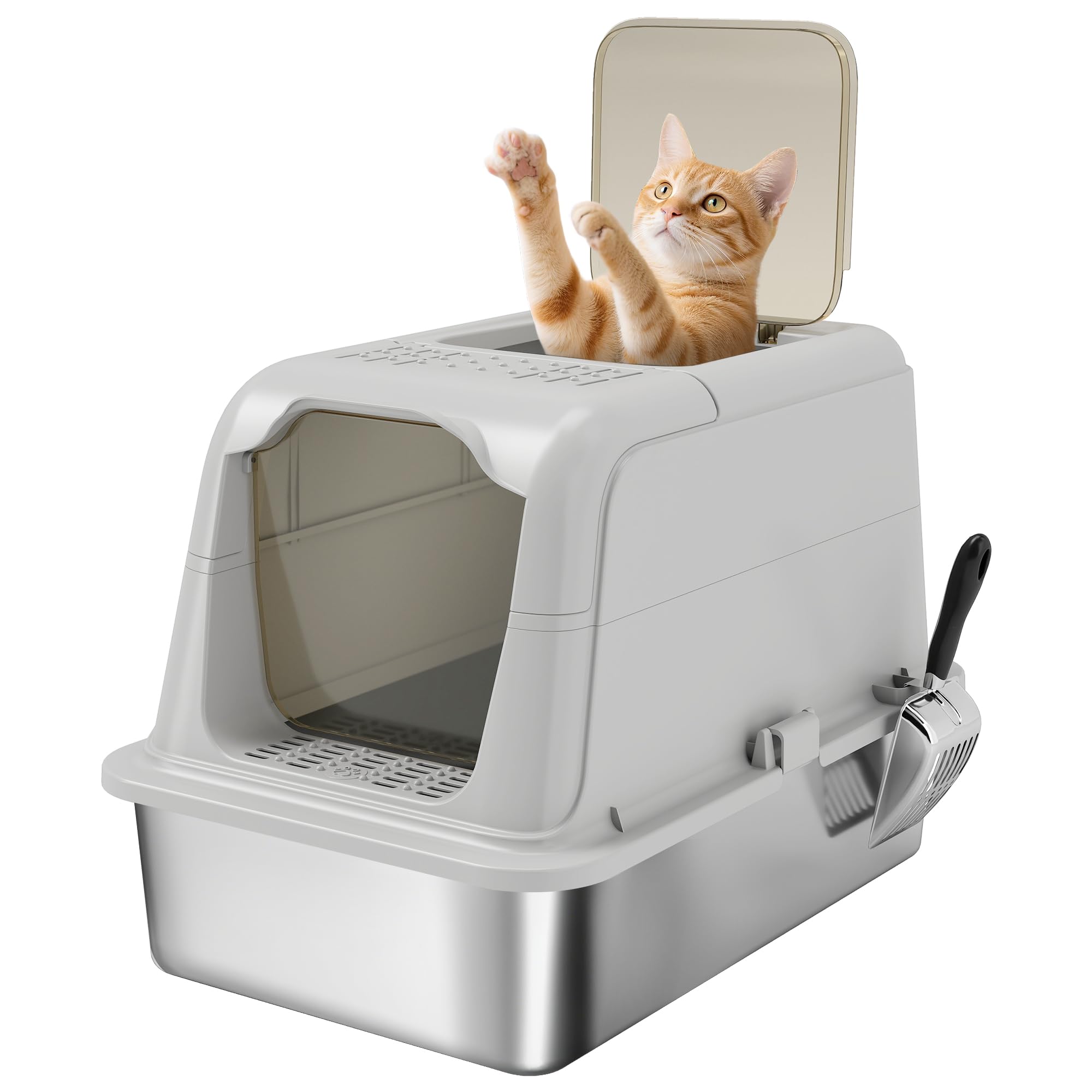 PawHut Stainless Steel Litter Box with Lid, Extra Large Hooded Cat Litter Tray for Big Cats with Front-Entry and Top-Exit, Metal Scoop, Deodorizer Bag, Non-Sticky, Odour Control and Easy Clean