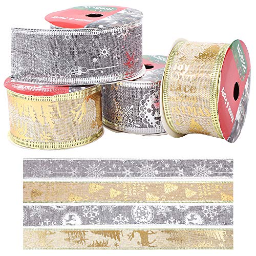 Feelava Cintas navideñas,40 mm de Ancho Cinta de Envoltura de Grosgrain de Oro de Navidad Regalo Cintas de Envoltura de Oro para Arcos,Copos de Nieve de Astilla de 2,8 m Costura Artesanal de satén