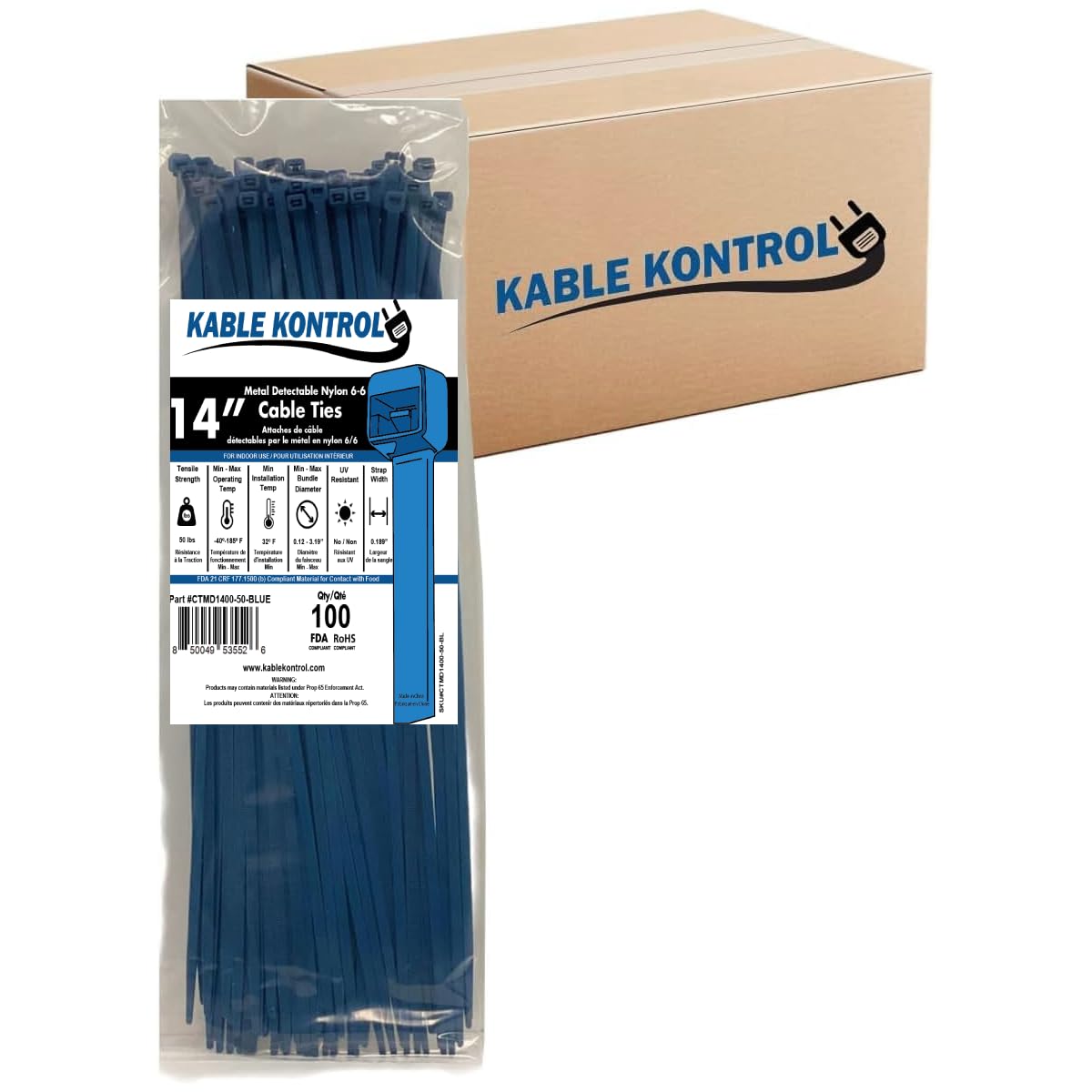 Kable Kontrol Metal Detectable Blue Zip Ties 5,200 Pcs 14 Inch, 50 Lbs Tensile Strength, Bulk Pack, Iron Infused Self-Locking Industrial Cable Ties