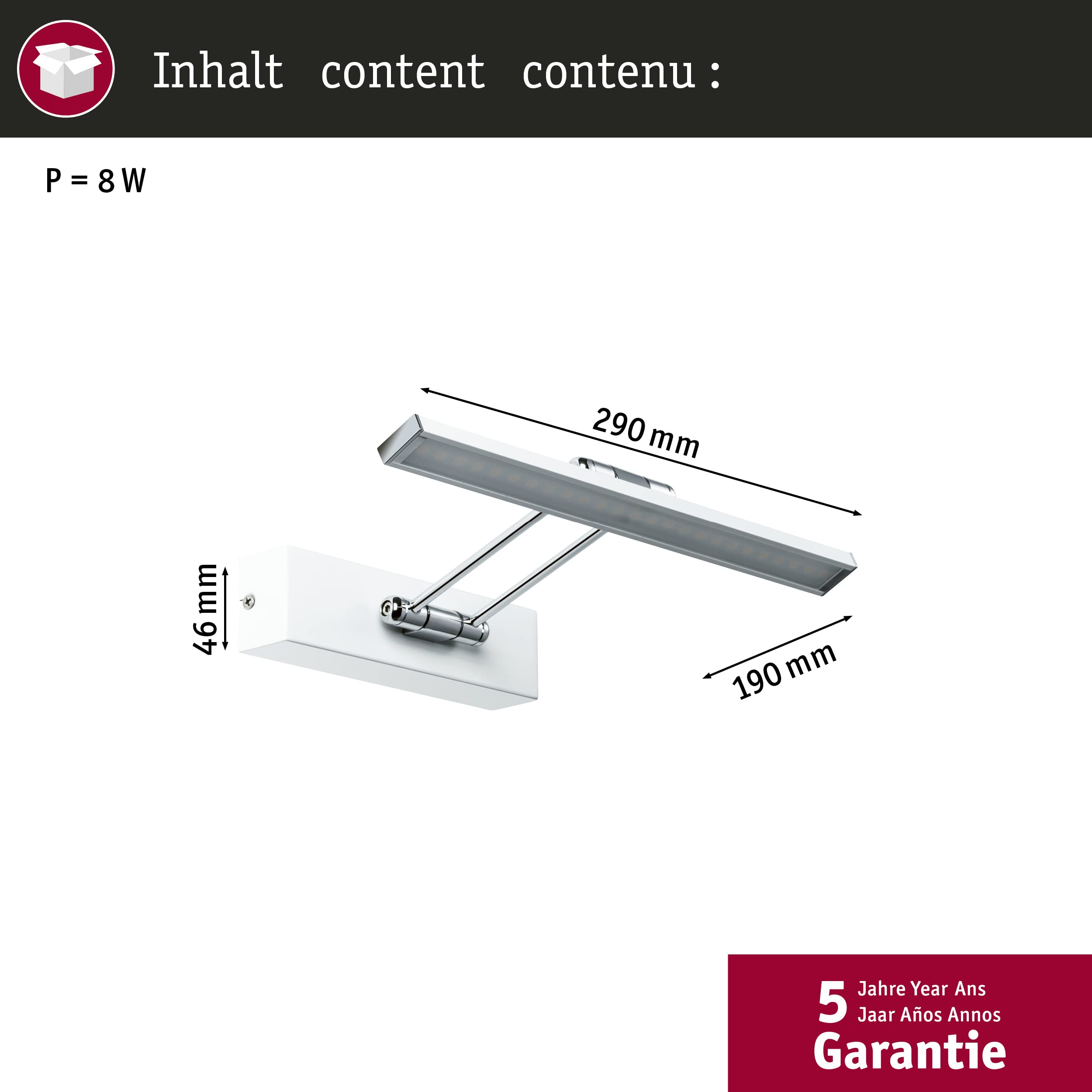 Paulmann 99891 Luminaria para cuadros LED Galeria incl. 1x5 W, iluminación de cuadros, blanco, cromo, lámpara para cuadros, metal, 2700 K