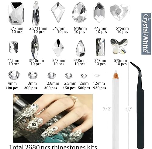 Miniatura 2 de 2680 diamantes de imitación blancos para uñas, 120 piezas de piedras preciosas de diamante blanco plateado grande con cuentas redondas K9 con parte