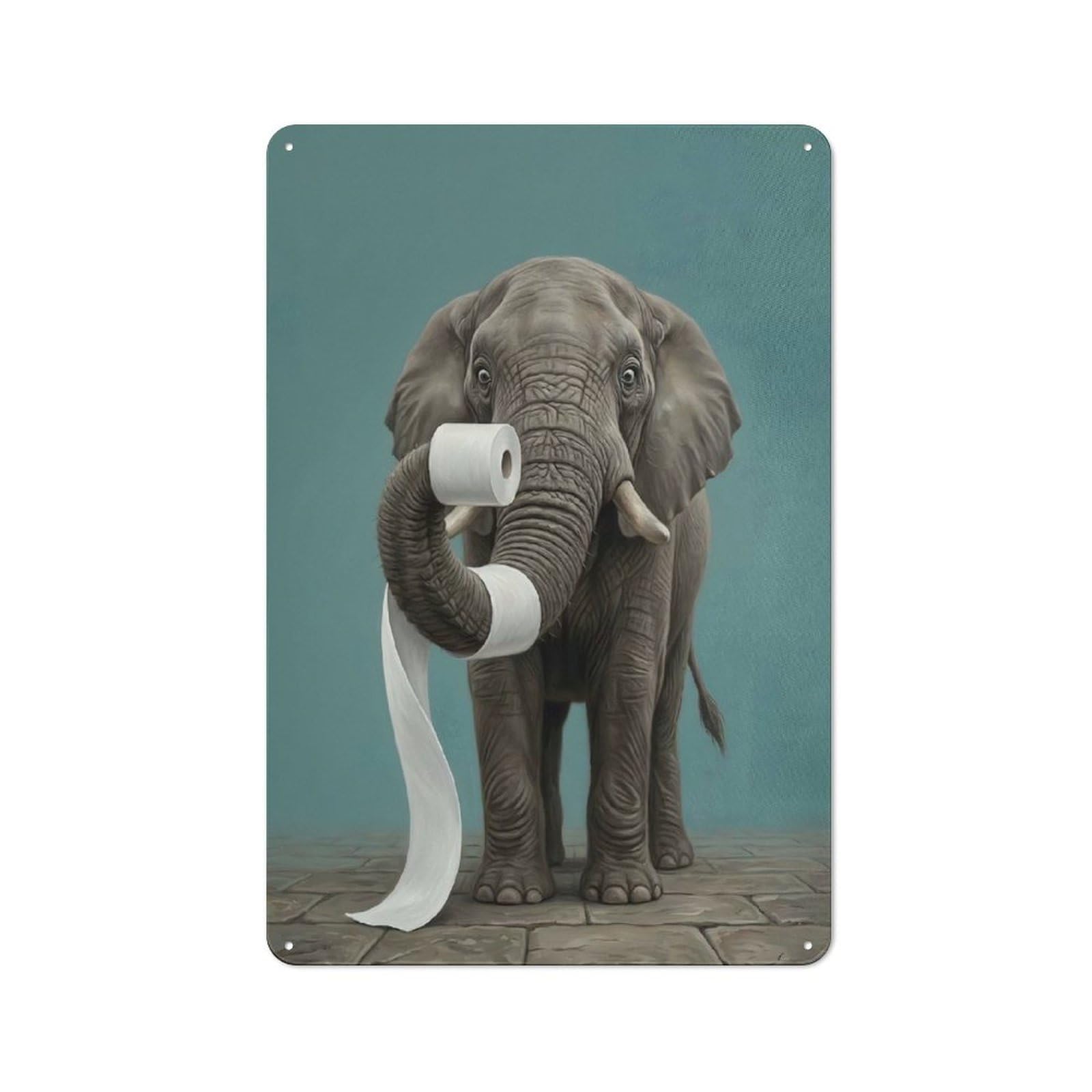 Elephant with Toilet Paper Clean Industrial Metal Wall Decor 30x20cm, Decorative Metal Plaque for Workspace, Cafe, Hallway Or Garage