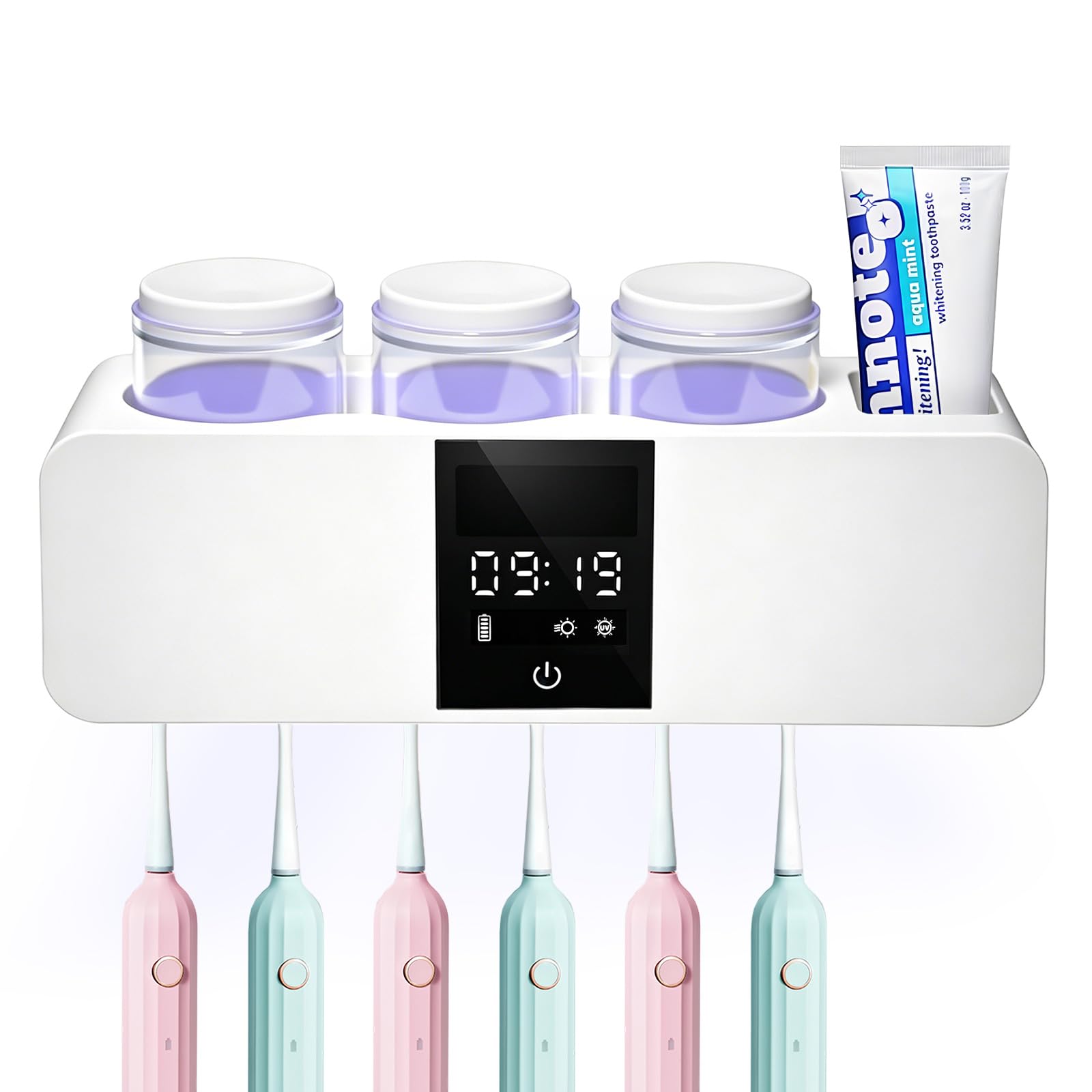 Sterilizzatore Portaspazzolino UV, Supporto per Spazzolini da Denti a Parete Porta Elettrico con Asciugatura e Disinfezione Portaspazzolino da Parete Senza Foratura con 6 slot e 3 tazze，Bianco