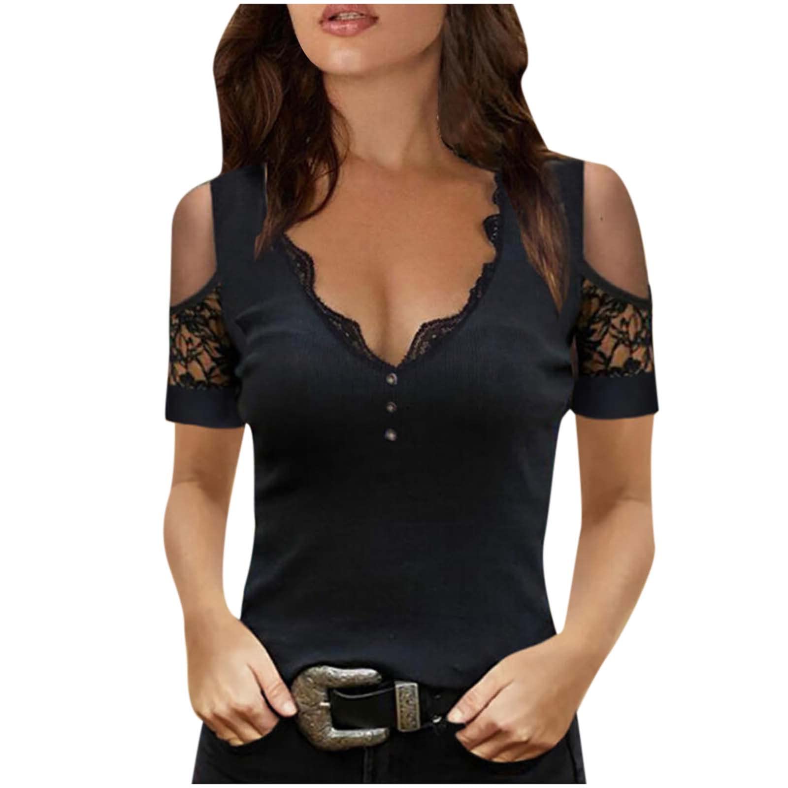 NUSGEAR 2022 Camiseta de Mujer,Encaje Manga Corta Verano Blusa Camisa Moda Cuello en V Casual Color sólido Basic Slim Fit Tops Fiesta T-Shirt Original tee cómodo Sexy Camiseta un Hombro