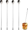 4 PCS Cocktail Stirrers, Stainless Steel Long Bar Spoons, Drink Stirrers with Spiral Pattern Teardrop End Design, for Mixing Cocktails and Lattes, Silver Spoons for Bar and Home Use