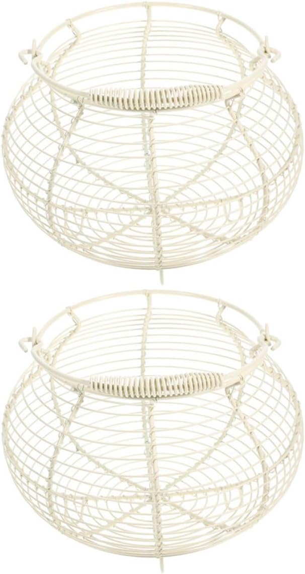 Wire Egg Basket with Handle for Collecting Fresh Chicken Eggs Small White Metal for Kitchen Countertop and Home Organization 2pcs