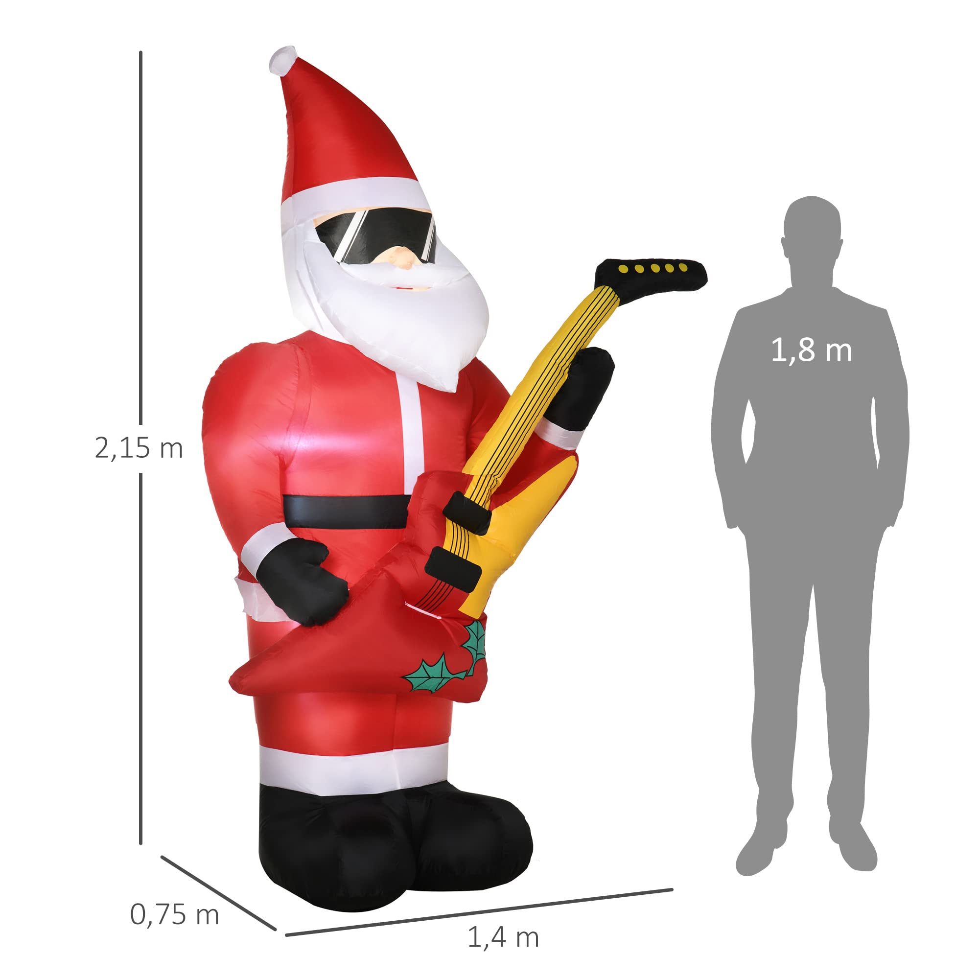 Outsunny 215 cm nadmuchiwany Święty Mikołaj z gitarą elektryczną nadmuchiwane lampki świąteczne LED samopompujące się dekoracje świąteczne wodoodporne do użytku wewnątrz i na zewnątrz