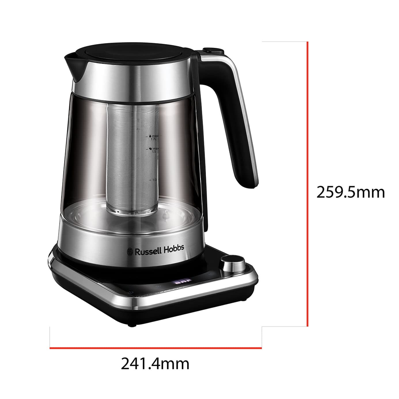 Russell Hobbs Wasserkocher Glas mit Temperatureinstellung & Teesieb [40-100°C] Attentiv Edelstahl (Digitale Touch-Bedienfläche, 2400W, 1,7l, u.a. für Babynahrung etc., Warmhaltefunktion) 26200-70