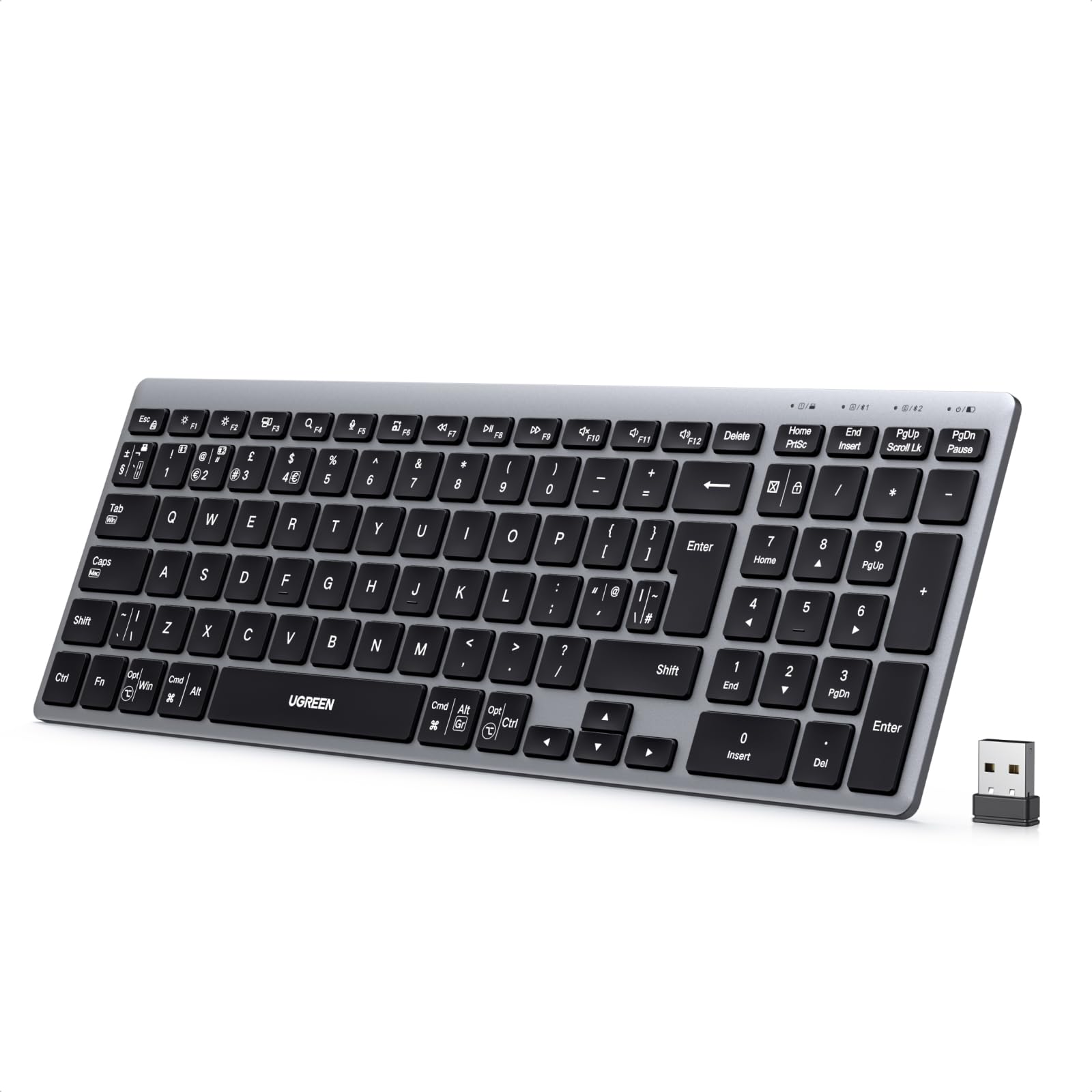 UGREEN Wireless Keyboard, Bluetooth Keyboard with UK Layout, Mini and Rechargeable Ergonomic Keyboard, BT5.4 &2.4GHz Dual Modes, Connect 3 Devices, for ipad/PC/Tablet, Windows/macOS/Android/Linux,etc. - 2