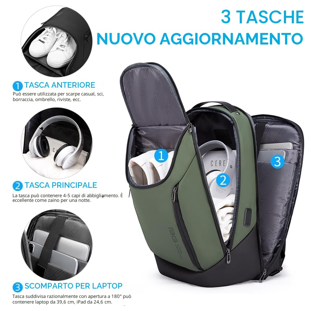 BANGE Zaino intelligente da lavoro, impermeabile, adatto per computer portatile da 15,7 pollici, con porta di ricarica USB, zaino da viaggio durevole, Verde (tre tasche), L, Business