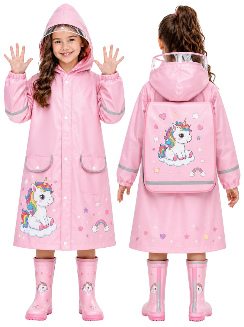 Krystle Kids Waterproof Raincoat with School Bag Cover | Hooded Full-Length Rain Wear for Girls | Cute Bunny Print | Lightweight Monsoon Raincoat (Multicolor,Multisize)-image-20