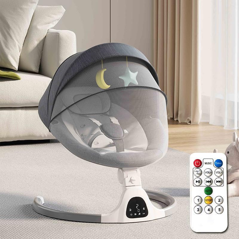 Balancelle Bebe Electrique, Transat Bebé Eléctrico con Mando a Distancia y Bluetooth, 5 Velocidades, 3 Ajustes de Altura y Temporizador, Transat Balancelle Bebe, hasta 10 kg (Gris)