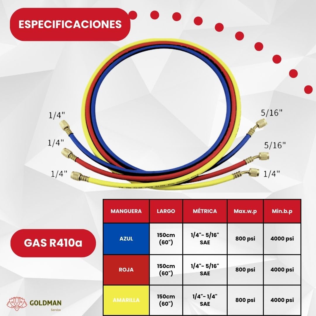 GOLDMAN SERVICE | Set de 3 Mangueras Recarga Alta Presión Gas Refrigerante R410a de Aire Acondicionado | Largo 150 centímetros, 60 Pulgadas