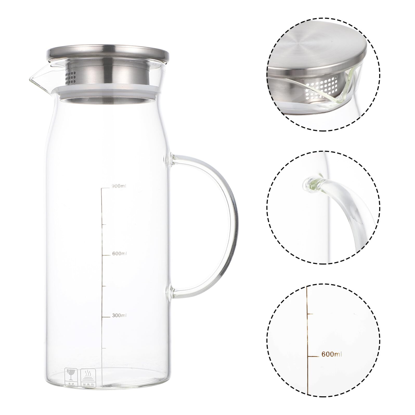 Hitzebeständiger Glas Wasserkrug 1200ml mit Edelstahl Deckel für Wasser | Geeignet für Eistee und Saft, Schlichtes Praktisches Design, Leicht zu Verstauen, für Zuhause