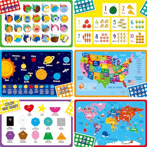Comparison: Best Placemats For Kids 3 6 Pack Placemats for Kids, Non-Slip Washable, Reusable Alphabet, Number, Shape & Color, Universe, Map Themed Educational Placemats for Home, Kindergarten, Classroom, Nursery