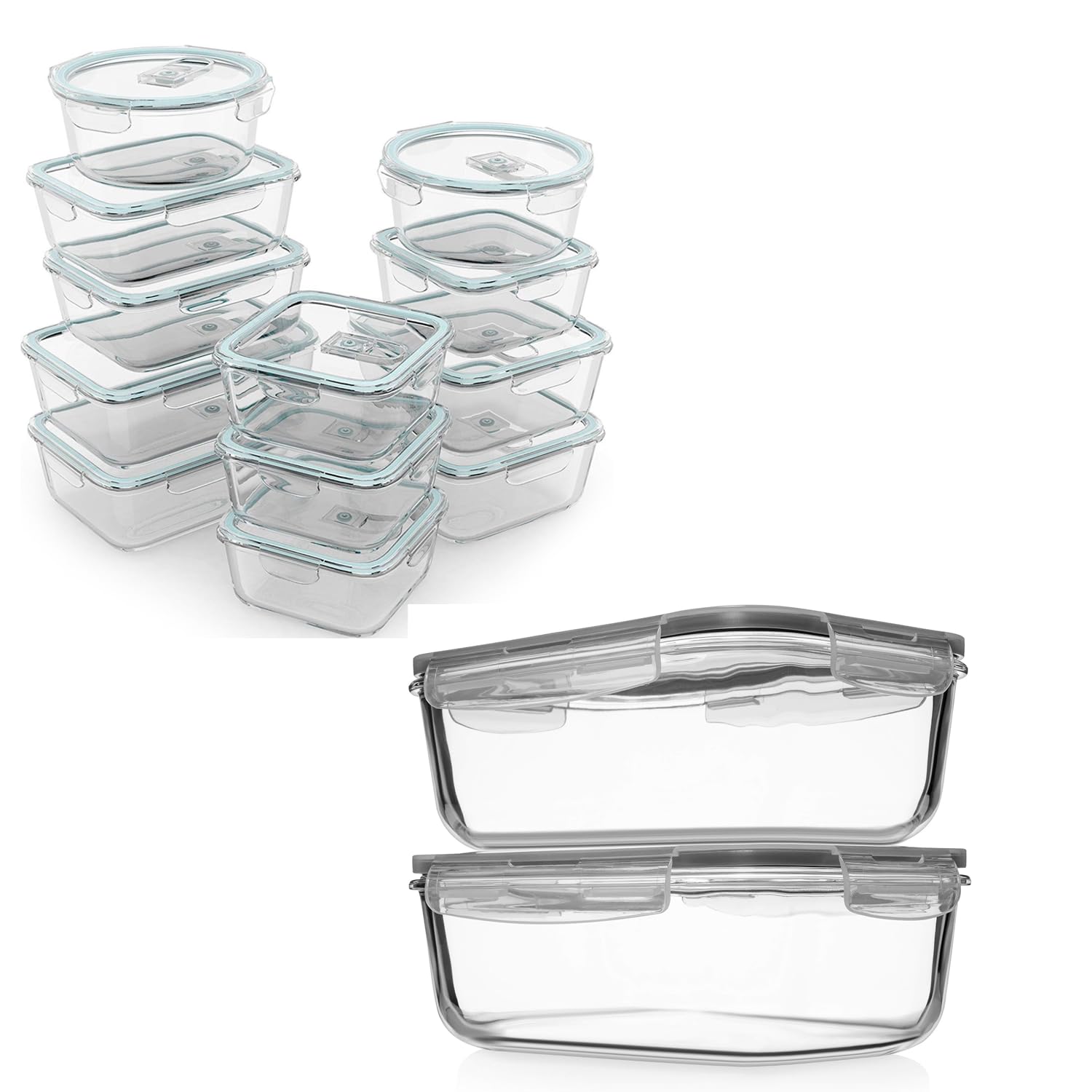 Razab 8 Cups / 63 Oz 4 Piece + 24 Pc Airtight Large Glass Food Storage Containers with Lids - Glass Meal Prep Containers - Freezer to Oven Safe - Steam Release Valve BPA/PVC Free