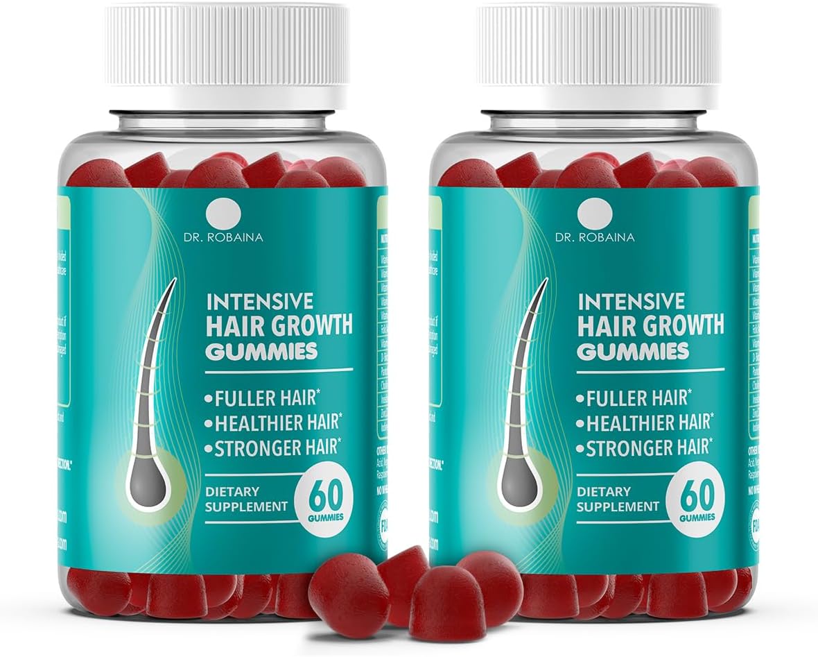 Dr. Robaina Intensive Hair Growth Gummies | Fuller-Looking Hair | Healthier Hair Appearance | Stronger Hair | Made in USA (Pack of 2)