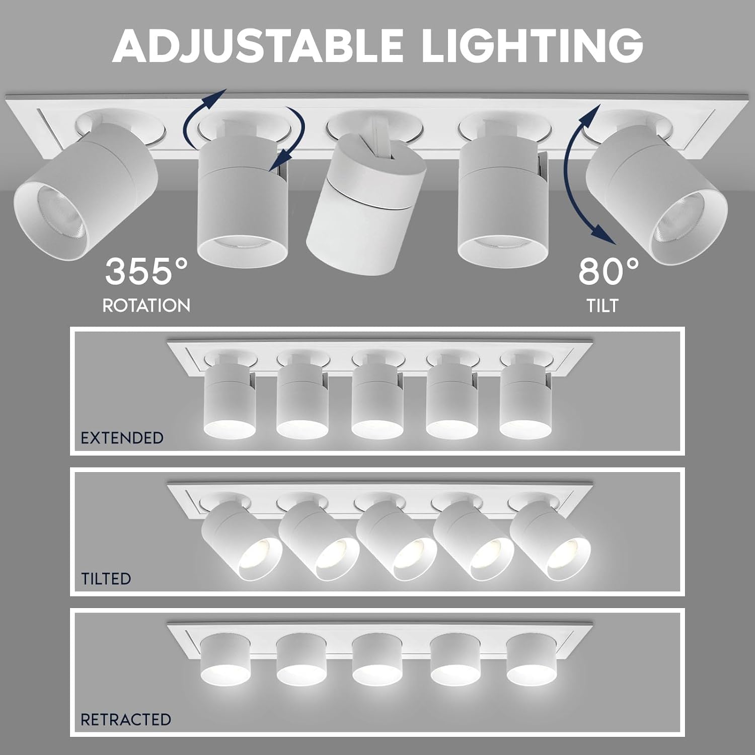 LUXRITE 5-Head Adjustable Recessed LED Spotlight, Retractable Directional Light, 5CCT 2700K-5000K, CRI90, 15W, 1000LM, Adjustable Head 355° Rotation & 80° Tilt, Dimmable, IC Rated, ETL Listed (4 Pack)