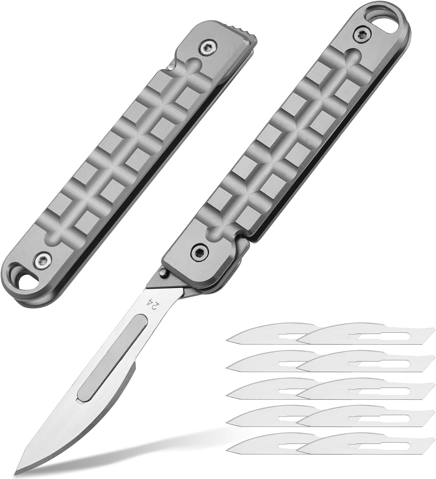 Titanium Folding Scalpel Knife, Small Keychain Knife, EDC Pocket Knife for Men, 10pcs #24 Replaceable Blades