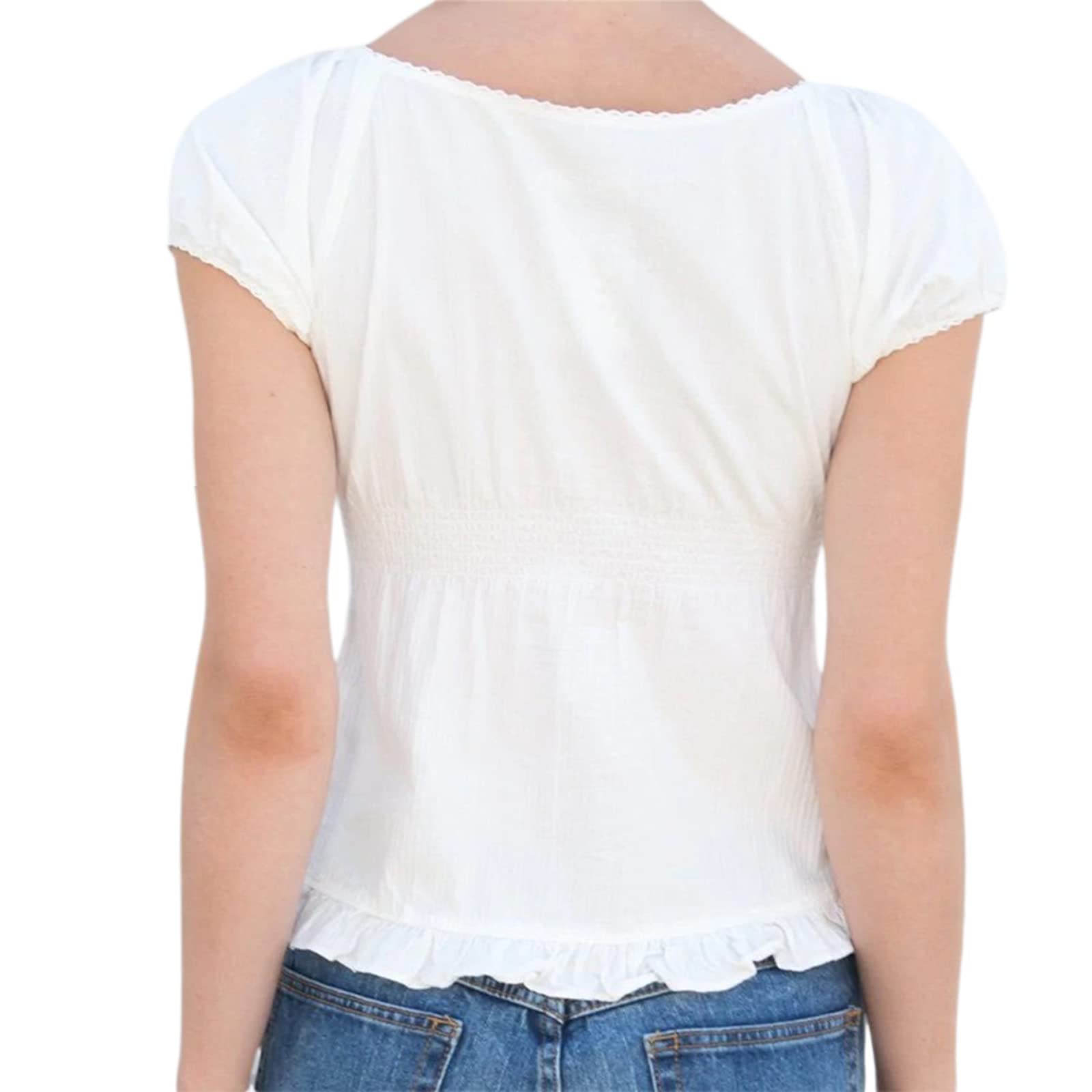 Women Fairy Grunge Y2K Shirts Summer Short Sleeve Lace Patchwork Tee Tops Vinatge E-Girls Aesthetic Clothes: Large White