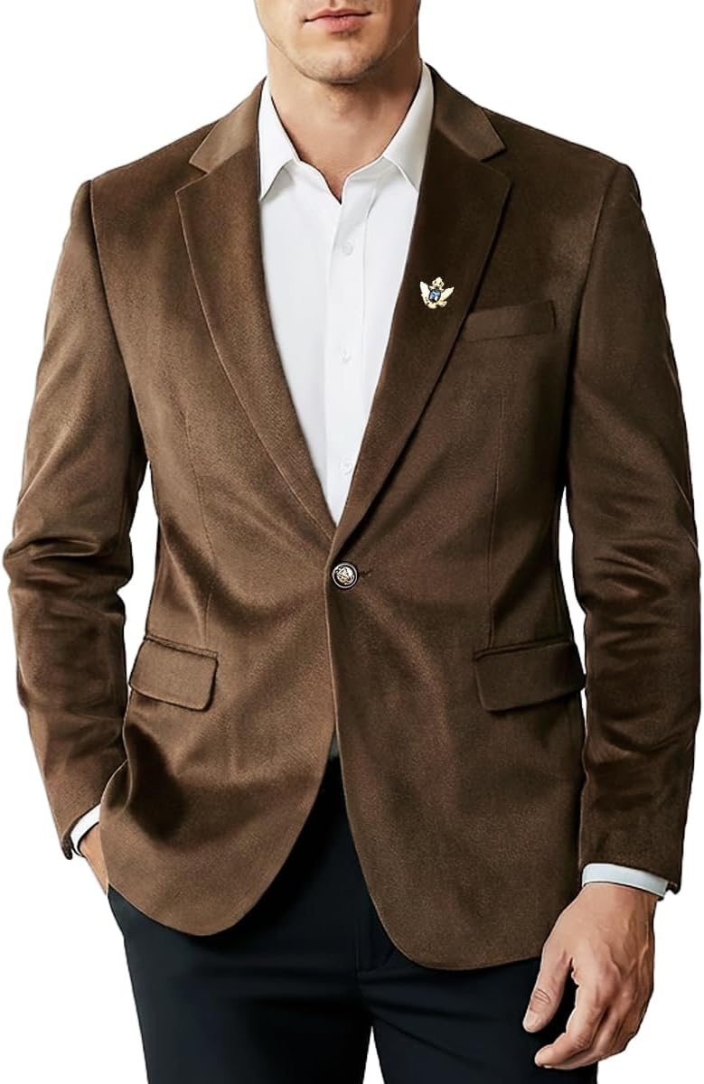 Men's Casual Velvet Blazer for Men one-Button Lapel Tuxedo Jacket with Brooch Dinner Party Wedding Prom