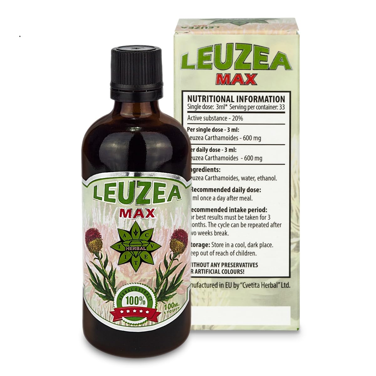 Leuzea Max | Maral-Wurzel | 100 ml (30 Tage Vorrat) | Natürlicher Kräuterextrakt | Adaptogen | Muskelwachstum | Stärke | Ausdauer| von Cvetita Herbal