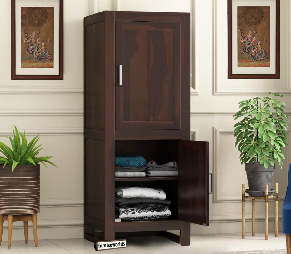 Image of Sheesham Wood Wardrobe with 2 Door and 4 Shelves Storage for Bedroom Wooden Almirah for Clothes for Living Room Bedroom Home, Solid Wood Furniture (Dark Walnut)