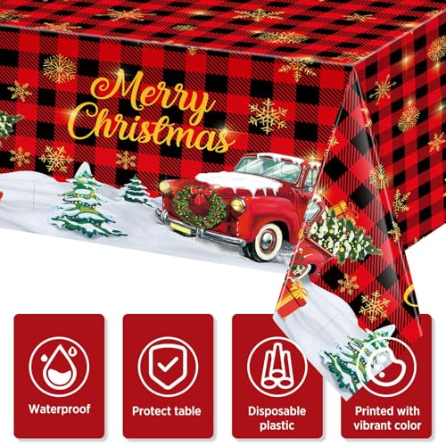Tiamon 3 Pack Christmas Red Truck Tablecloths Decor Plastic Xmas Party Table Covers Retro Merry Christmas Tree Farm Print Party Supplies Xmas Winter Holiday B'day Party Decor, 54''x108'' (Plaid) – Image 4