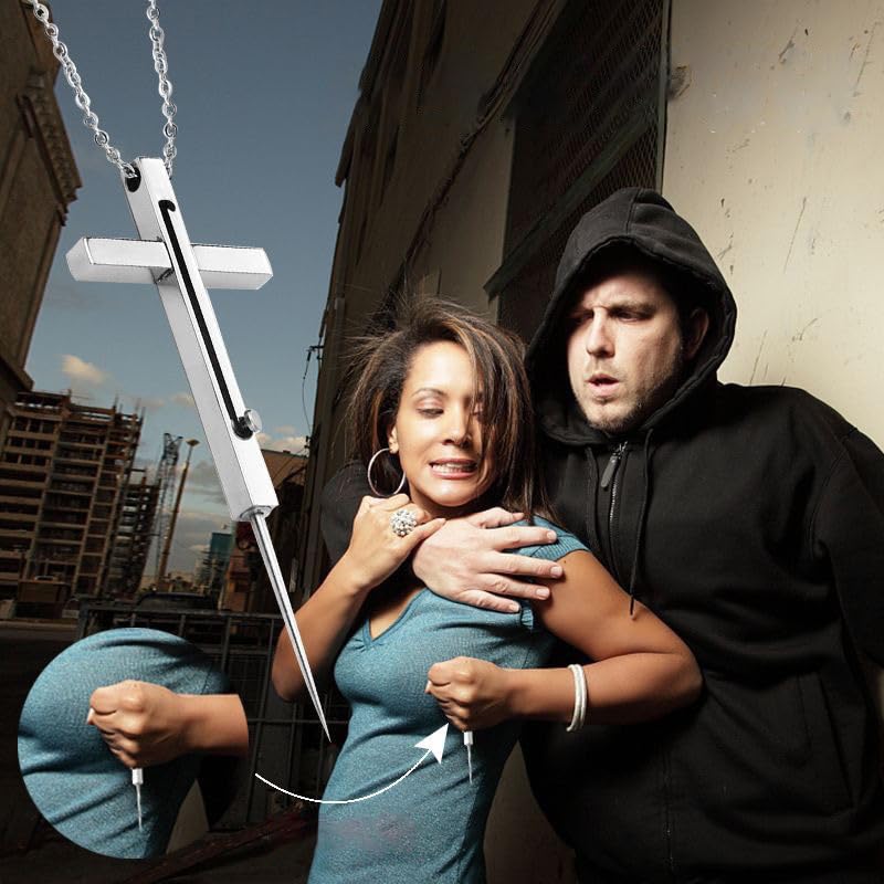 Self Defense Cross Necklace, 21 inch Chain, Stainless Steel Hidden Protection Tool with Safety Lock2