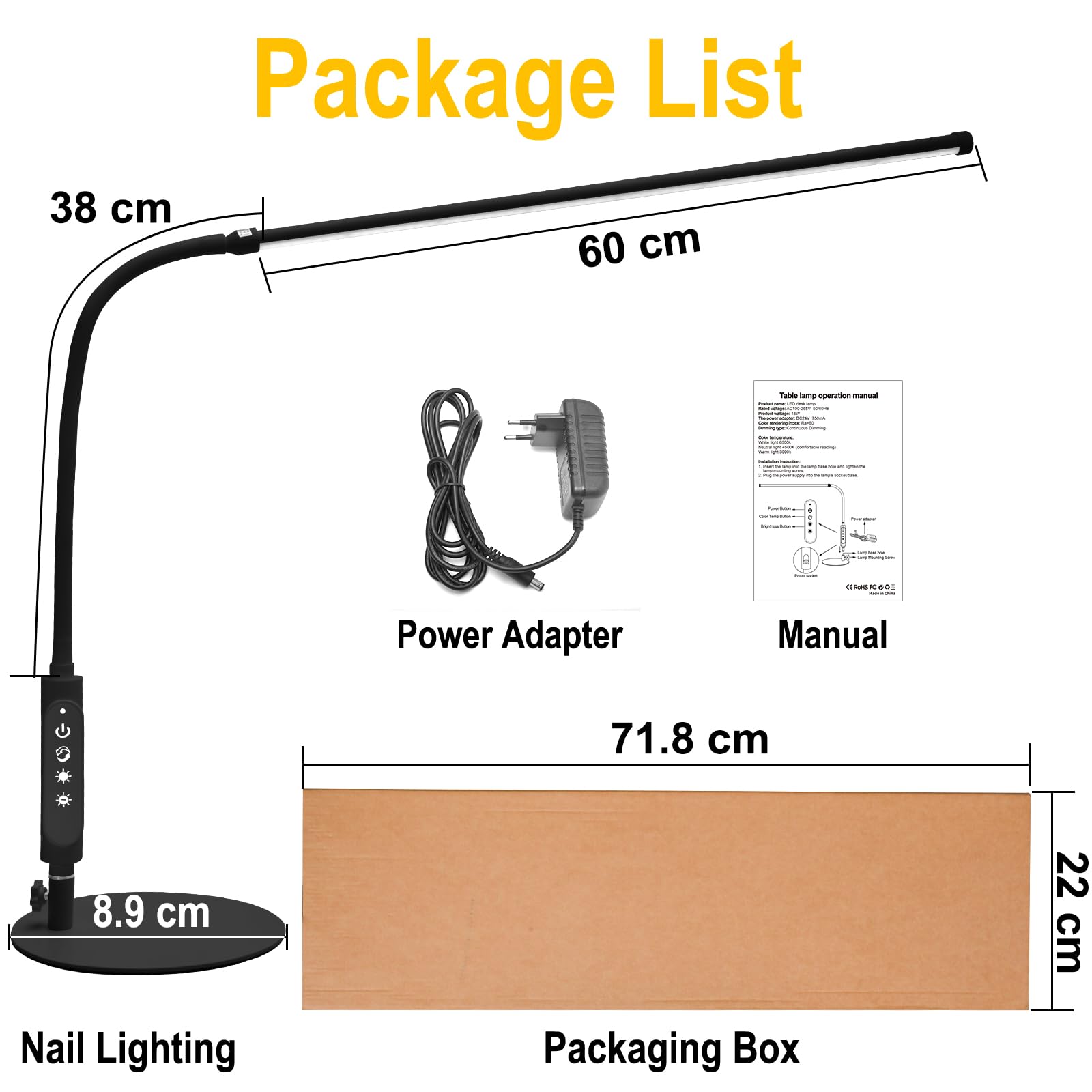 CGBE 60cm Lampada da Tavolo per Unghie LED 18W per Onicotecnico Nero | 360° Flessibile Lampada da Scrivania, Tocca Controllo, 3 Modalità 5 Luminosità Dimmerabile per Manicure Lettura Studio Lavoro