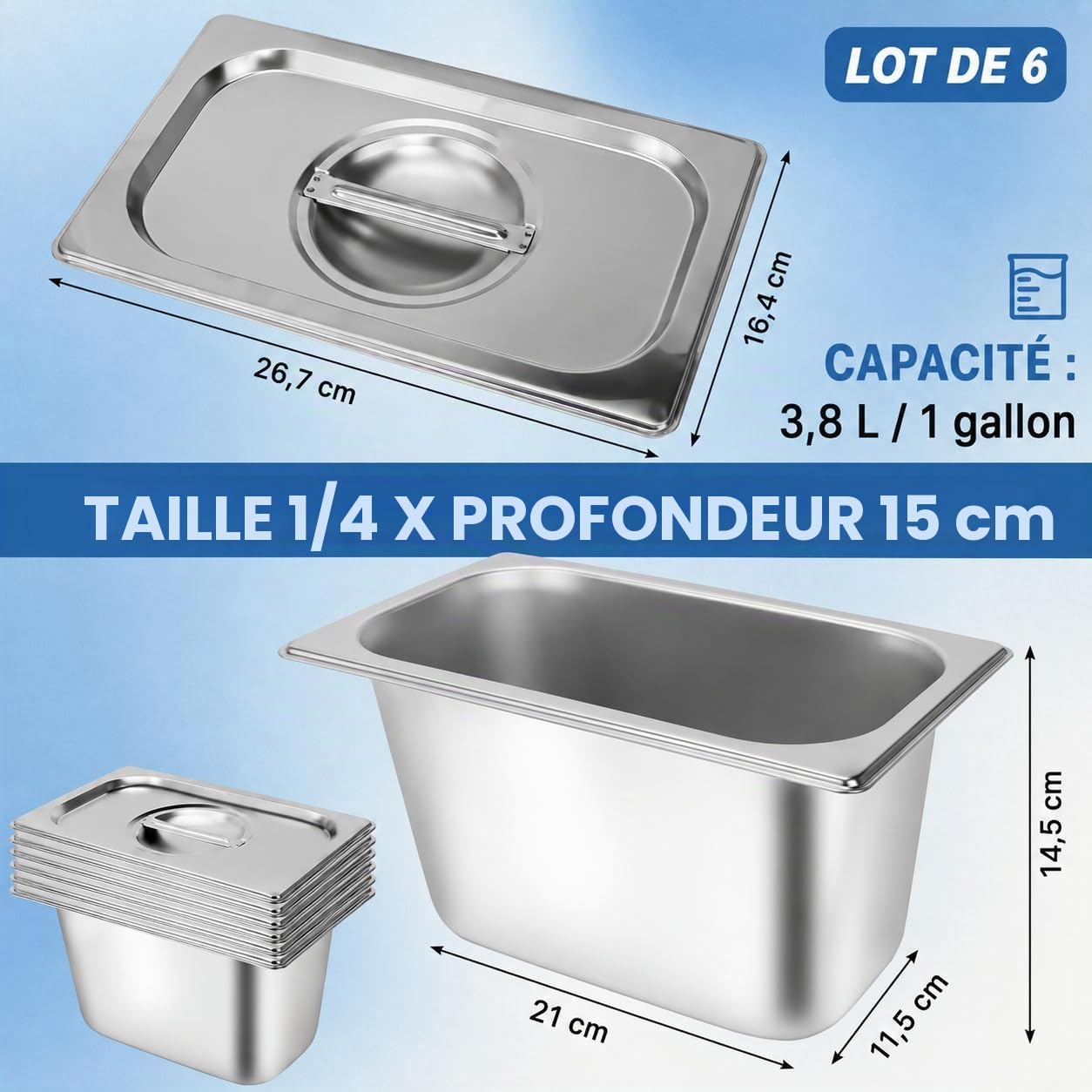 Lot de 6 Bacs Gastronormes GN 1/4 avec Couvercles – Bacs GN Professionnels en Acier Inoxydable Profondeur 150 mm – Plat Inox Empilables pour Buffet, Chafing Dish, Restaurant et Traiteur