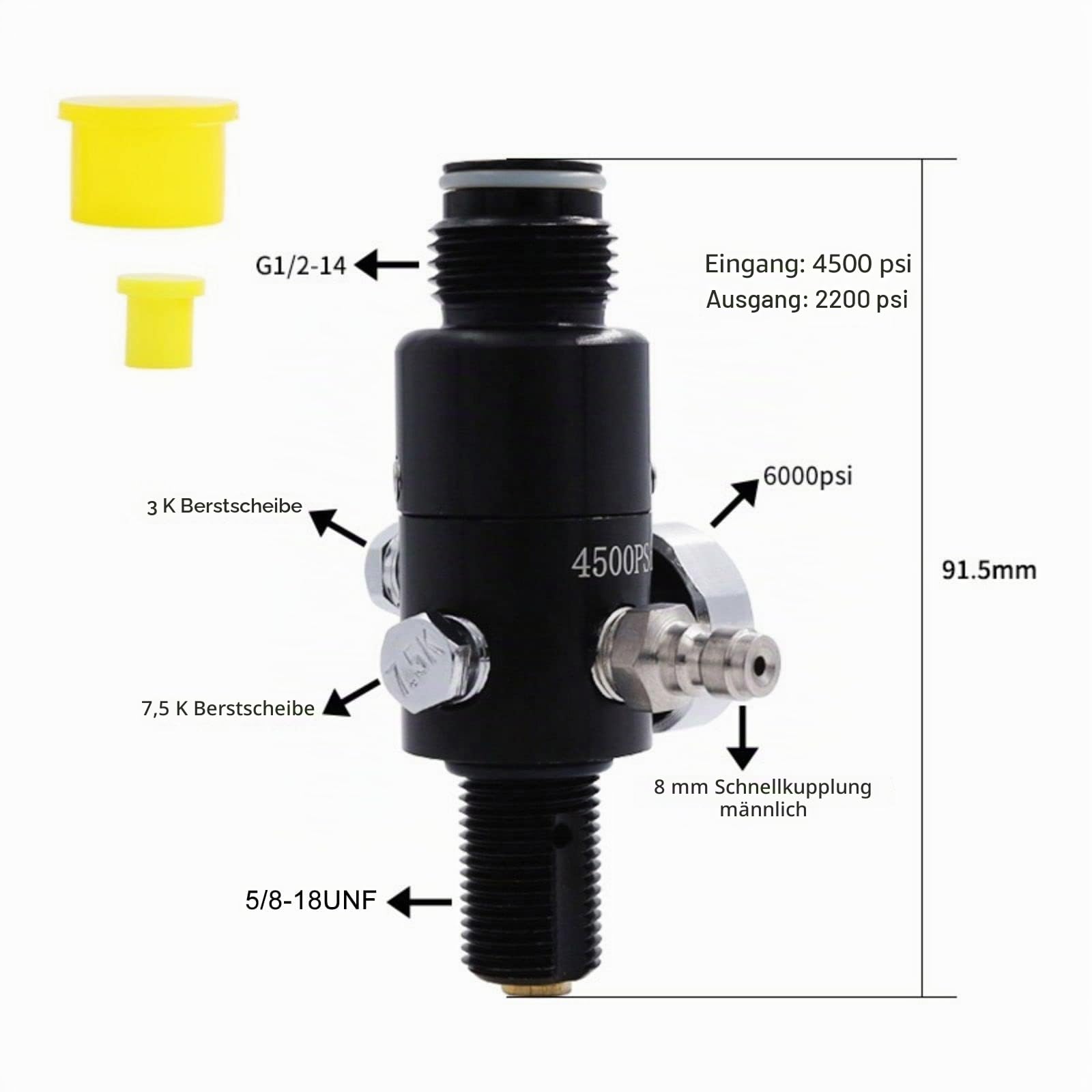 TUXING 4500 psi PCP Paintball-Tank 0,38 l 4500 psi CE-geprüfter Aluminiumzylinder mit Paintball-Reglerventil Reglermanometer Ausgangsdruck: 2200 psi-5/8-18NUF