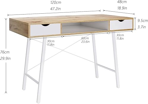 Miniatura 3 de soges Escritorio de mediados de siglo con cajones, escritorio de estudio de escritura de 47 pulgadas con 2 cajones y cubo de almacenamiento de