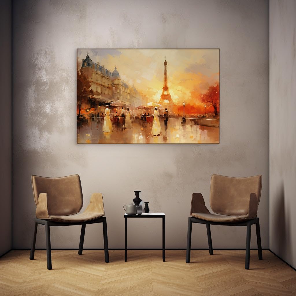 Canvas for Living room. Dusk Over Paris: A Warm Embrace of Color and Romance, 27 x 18 inch Canvas Wall Art - Contemporary Masterpieces - Modern Home Decor