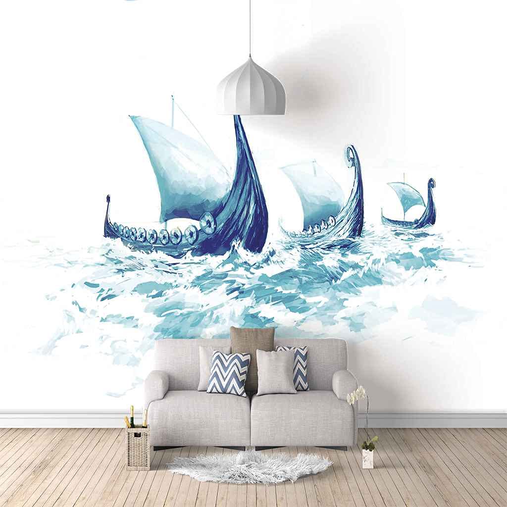 Papier peint canevas 3D bateau à voile bleu pour fond de salon moderne 300x210 cm
