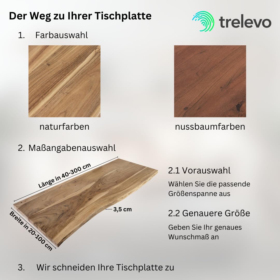 Holzplatte nach Maß 40-200 x 20-100 cm, Akazienholz massiv 35mm, naturfarben/nussbaumfarben, individueller Zuschnitt, Baumkantenplatte für Bastler und Heimwerker